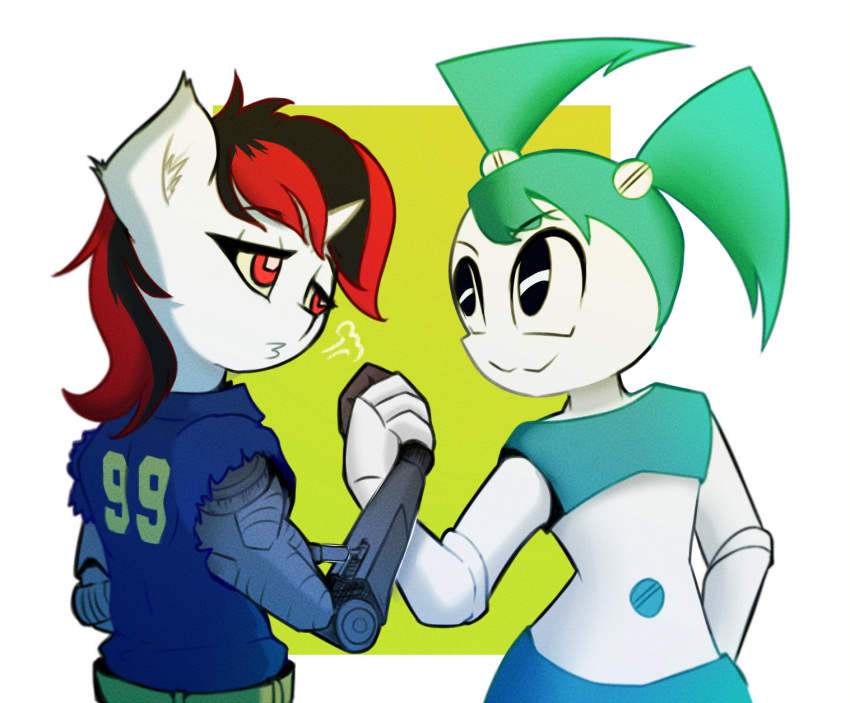 anthro blackjack_(fallout_equestria) clothing crossover duo equid equine fallout_equestria female female/female gesture handshake hasbro hi_res horn jenny_wakeman machine mammal mistleinn my_life_as_a_teenage_robot my_little_pony nickelodeon red_eyes robotic simple_background suit unicorn