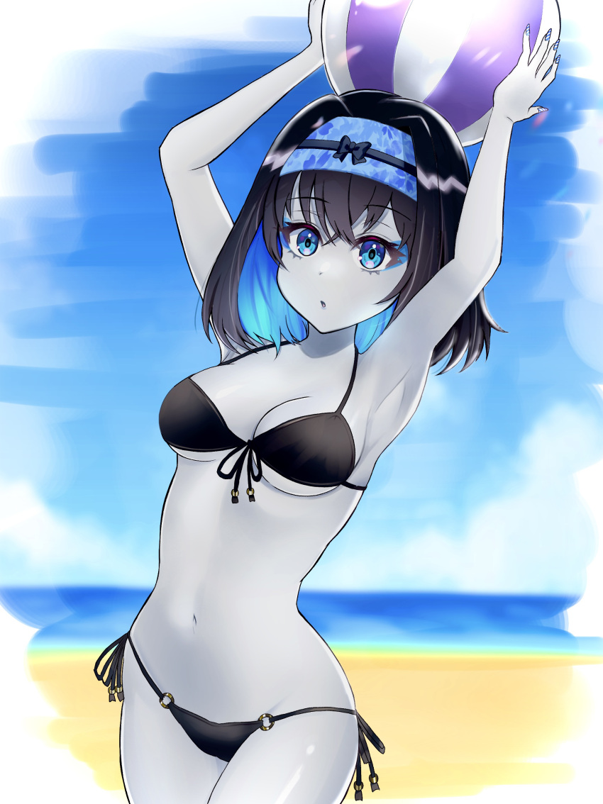 1girl absurdres armpits arms_up beach bikini black_bikini black_hair blue_hair blue_sky breasts colored_inner_hair colored_skin eyeshadow garie_tuman grey_skin hairband highres looking_at_viewer makeup medium_breasts mitsuka! multicolored_hair navel o-ring o-ring_bikini o-ring_bottom ocean outdoors pale_skin sand senki_zesshou_symphogear shiny shiny_hair shiny_skin short_hair sky solo standing string_bikini swimsuit two-tone_hair underboob