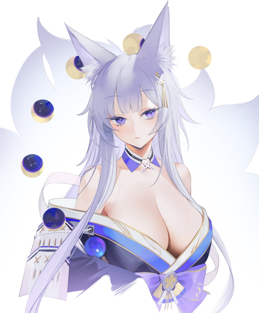 1girl animal_ear_fluff animal_ears azur_lane bare_shoulders breasts cleavage detached_collar eyebrows_visible_through_hair fox_tail grey_hair highres japanese_clothes kimono kitsune kyuubi large_breasts long_hair moon_phases multiple_tails nuae5elll off-shoulder_kimono purple_eyes purple_kimono shinano_(azur_lane) sideways_glance simple_background solo tail upper_body white_background white_tail