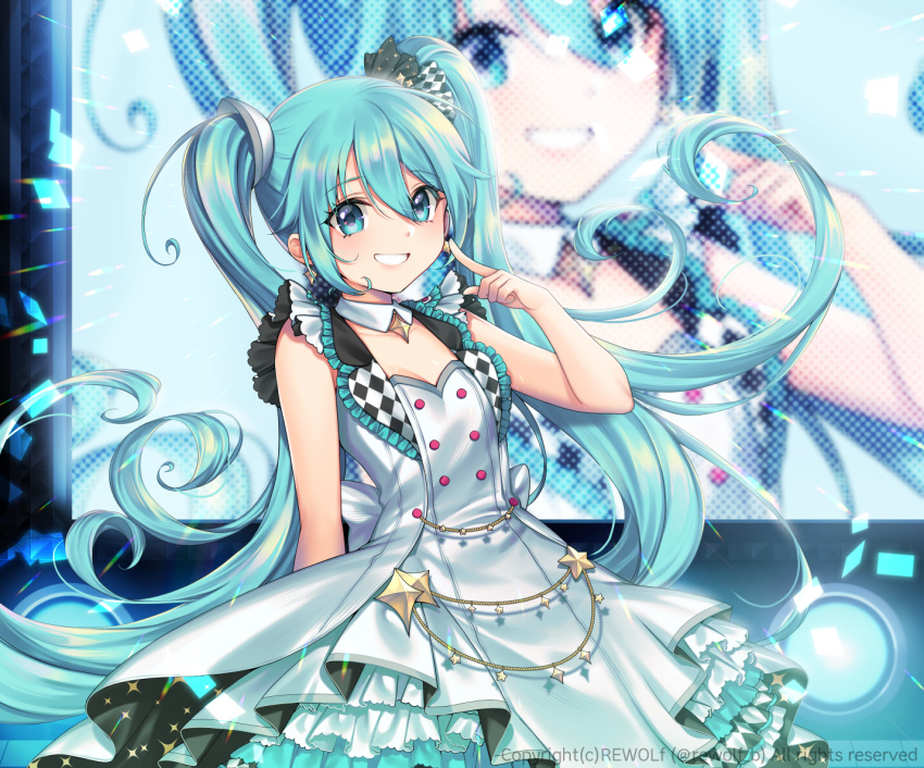 1girl aqua_eyes arm_behind_back back_bow bare_arms belly_chain bow breasts checkered checkered_clothes checkered_dress cleavage collarbone confetti detached_collar diffraction_spikes dot_nose dress earrings floating_hair frills hair_between_eyes hand_up hatsune_miku idol index_finger_raised jewelry layered_dress light_blue_hair long_hair looking_at_viewer more_more_jump!_(project_sekai) pleated_dress project_sekai rewolf screen shiny shiny_hair silver_trim small_breasts smile solo sparkle_earrings sparkle_hair_ornament sparkle_print stage stage_lights twintails upper_body very_long_hair vocaloid wavy_hair white_bow white_dress wing_collar