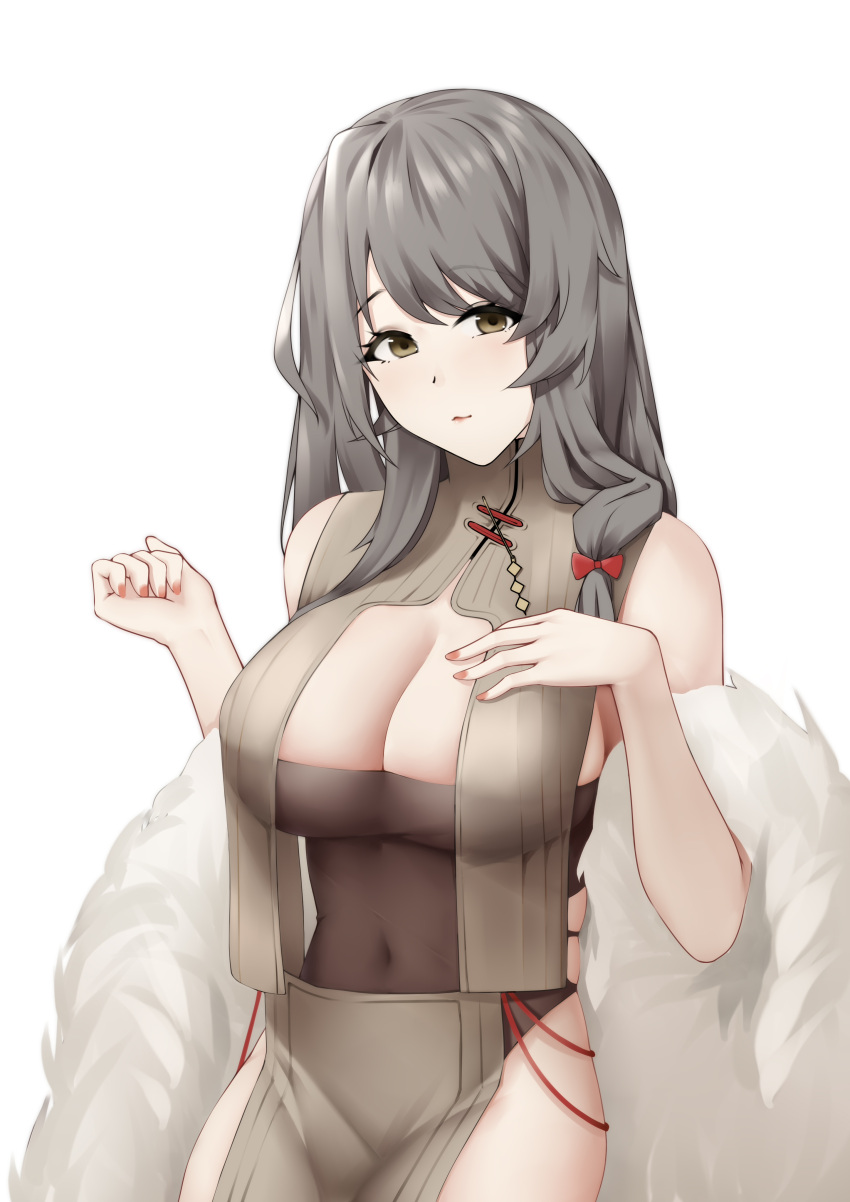 1girl absurdres arm_up azur_lane bangs breasts charybdis_(azur_lane) charybdis_(red_chamber_of_healing)_(azur_lane) cleavage closed_mouth covered_navel dress eyebrows_visible_through_hair feather_boa feet_out_of_frame grey_dress grey_hair hand_on_own_chest highres large_breasts light_blush light_brown_eyes lips long_hair looking_at_viewer nail_polish nya_cot official_alternate_costume red_nails sitting solo white_background