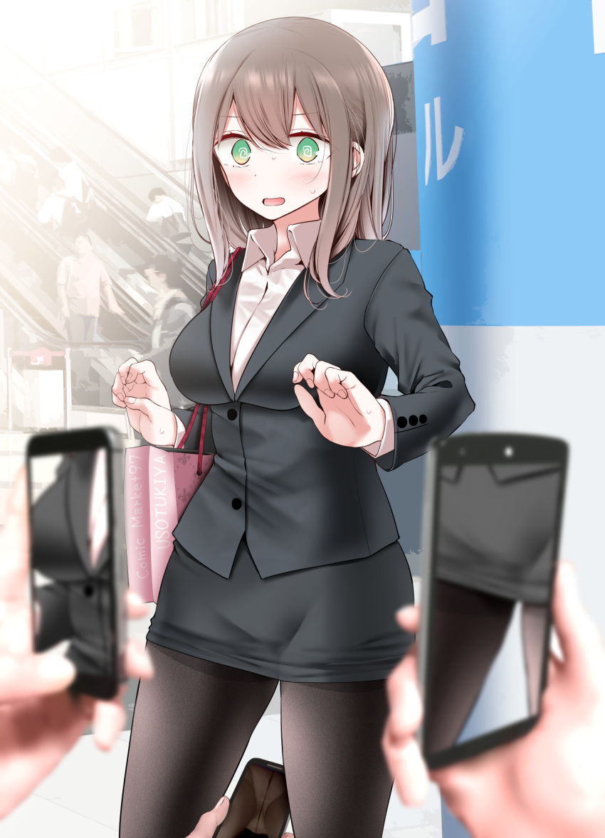 1girl 3others @_@ bag bangs black_legwear black_skirt blush breasts brown_hair cellphone embarrassed escalator eyebrows_visible_through_hair feet_out_of_frame fine_fabric_emphasis formal green_eyes hands_up highres long_hair long_sleeves looking_at_viewer medium_breasts miniskirt multiple_others ol-chan_(oouso) oouso open_mouth original out_of_frame panties panties_under_pantyhose pantyhose pencil_skirt phone shirt shopping_bag skirt skirt_suit smartphone solo_focus suit surprised taking_picture thighs underwear upskirt white_shirt