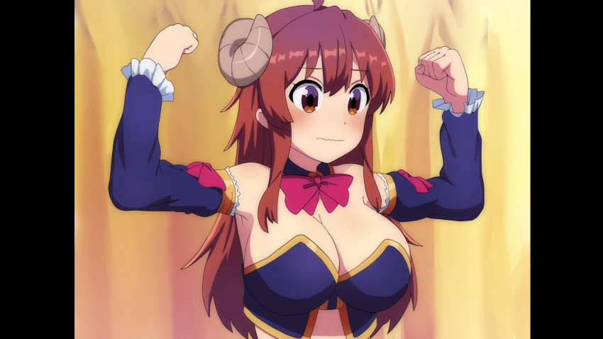 1girl ahoge blue_collar blue_sleeves blush bow bowtie breasts brown_eyes brown_hair cleavage closed_mouth collar commentary_request curled_horns demon_girl demon_horns detached_collar detached_sleeves eyebrows_visible_through_hair flexing fuka_(kantoku) highres horns large_breasts long_hair machikado_mazoku manatsu_no_yo_no_inmu pillarboxed pose red_bow red_bowtie solo upper_body wavy_mouth yoshida_yuuko_(machikado_mazoku)