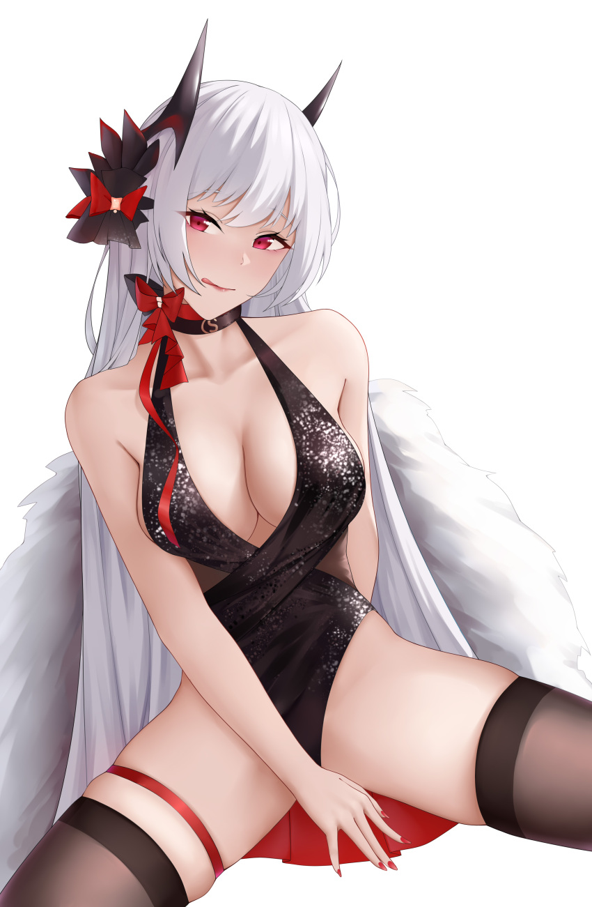 1girl absurdres arm_behind_back azur_lane bangs bare_shoulders black_choker black_dress black_legwear blush bow bowtie breasts choker cleavage closed_mouth collarbone dress eyebrows_visible_through_hair feet_out_of_frame hand_on_floor highres horns licking lips long_hair looking_at_viewer medium_breasts nail_polish nya_cot official_alternate_costume on_floor purple_eyes red_bow red_nails solo spread_legs thighhighs tongue white_background white_hair yorck_(azur_lane) yorck_(breaker_under_the_blood_moon)_(azur_lane)