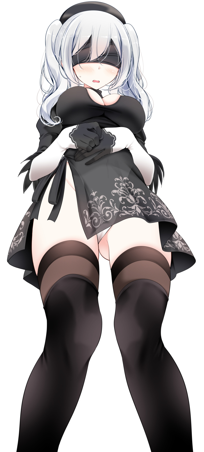1girl absurdres ass_visible_through_thighs black_blindfold black_dress black_legwear blindfold blush breasts cosplay dress facing_viewer feet_out_of_frame from_below gloves hat highleg highleg_leotard highres kantai_collection kashima_(kancolle) legs_apart leotard leotard_peek long_hair medium_breasts nier_(series) nier_automata oouso open_clothes open_mouth own_hands_together solo standing sweatdrop thighhighs upskirt yorha_no._2_type_b yorha_no._2_type_b_(cosplay)