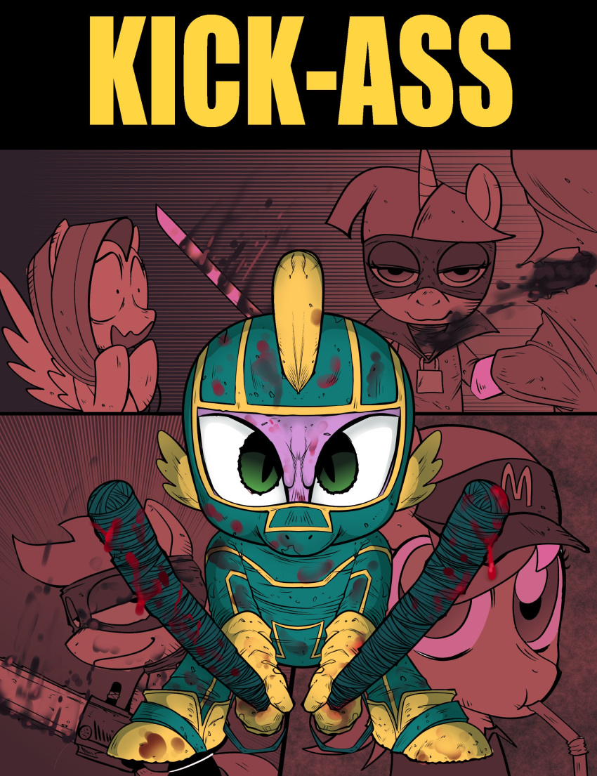 absurd_res anthro applejack_(mlp) baton beverage big_eyes blood blood_on_face blood_on_hand bodily_fluids chainsaw clothed clothing costume dragon drinking_straw equid equine female feral footwear friendship_is_magic futtershy_(mlp) gloves handwear hasbro hat headgear headwear hi_res horn horse kick-ass lock looking_at_viewer machete male mammal mask mcdonald's melee_weapon movie_poster movie_reference my_little_pony narrowed_eyes pegasus pony power_tool pupils rainbow_dash_(mlp) shoes small_pupils smile smirk spike_(mlp) straw swagstapiece tools twilight_sparkle_(mlp) unicorn unicorn_horn weapon winged_unicorn wings