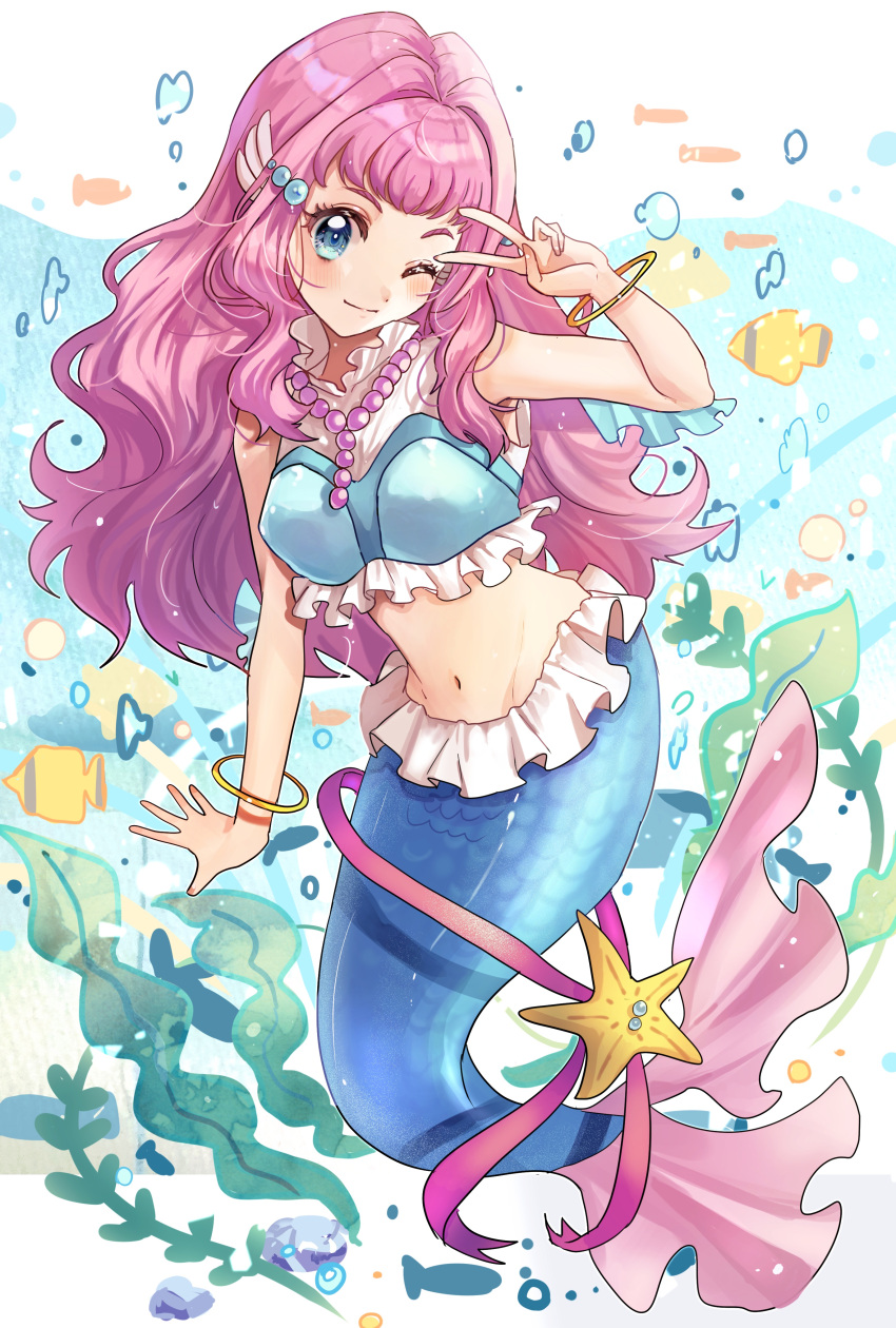 1girl absurdres air_bubble aqua_eyes blouse blush bracelet breasts bubble closed_mouth fish full_body head_fins highres huwarinn99 jewelry laura_la_mer lips long_hair medium_breasts mermaid monster_girl multicolored_shirt navel necklace one_eye_closed pink_hair precure scales seaweed shirt sleeveless smile starfish submerged thick_eyelashes tropical-rouge!_precure underwater v water