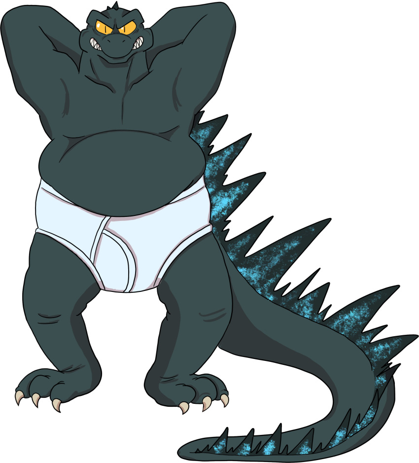 absurd_res anthro blue_body blue_scales briefs briefs_only claws clothed clothing hands_behind_back hi_res kaiju male musclegut muscular muscular_male open_mouth scales simple_background smallfryspy solo teeth_showing tighty_whities underwear underwear_only white_background white_briefs white_clothing white_underwear yellow_sclera
