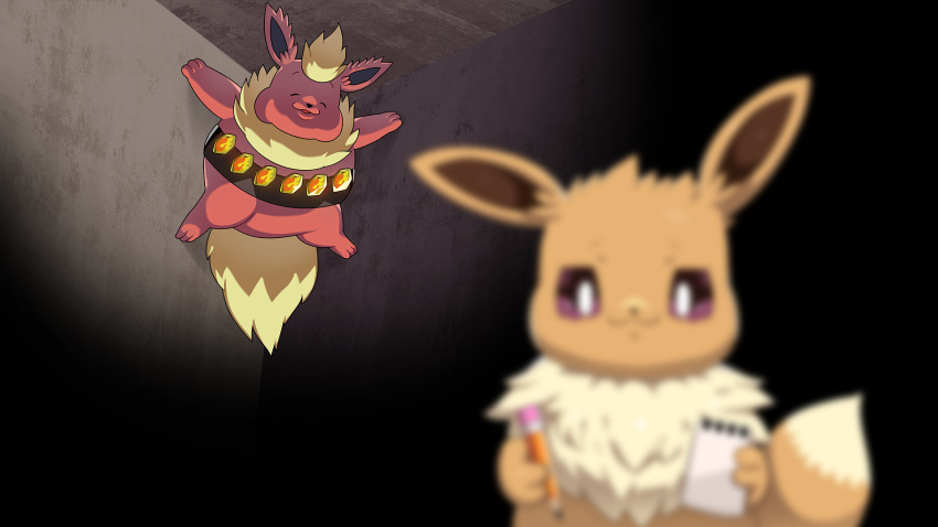 2022 brown_body brown_ears brown_fur brown_tail drunk_oak duo eevee eeveelution flareon fur fur_tuft hi_res holding_note_pad holding_object holding_pencil nintendo note_pad open_mouth pencil_(object) pok&eacute;mon pok&eacute;mon_(species) red_body red_ears tuft video_games