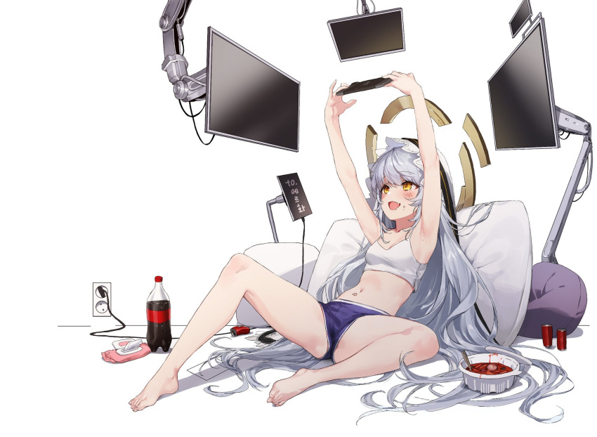 1girl :d armpits arms_up artist_request ass bare_arms bare_legs bare_shoulders barefoot breasts camisole cola crop_top fang highres hood long_hair looking_up lying midriff navel on_back open_mouth playing_games purple_shorts reclining shirt short_shorts shorts sleeveless sleeveless_shirt small_breasts smile solo spaghetti_strap stomach sung-eun_(unleashed) sweatdrop symbol-shaped_pupils tablet_pc thighs unleashed very_long_hair white_hair white_shirt yellow_eyes
