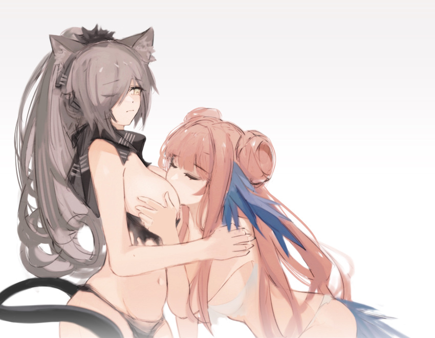 2girls ;( absurdres animal_ears arknights bangs bird_girl bird_tail black_bra black_panties blunt_bangs bra bra_pull breast_grab breast_smother breasts brown_hair cat_ears cat_girl cat_tail ceylon_(arknights) closed_mouth clothes_pull commentary english_commentary eyebrows_visible_through_hair face_to_breasts feather_hair grabbing hand_on_another's_shoulder highres l.v.c. large_breasts leaning_forward long_hair looking_at_another looking_down medium_breasts multiple_girls navel one_eye_closed panties pink_hair ponytail schwarz_(arknights) sideboob simple_background tail underwear underwear_only very_long_hair white_background white_bra white_panties yellow_eyes yuri