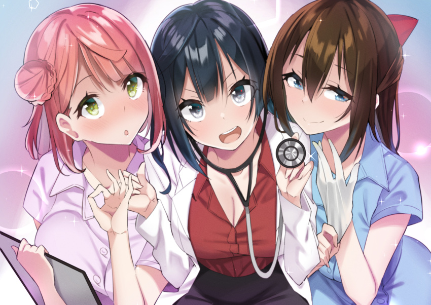 3girls absurdres azuna_(love_live!) bangs black_hair blue_eyes blush breasts brown_hair cleavage commentary_request doctor eyebrows_visible_through_hair gloves green_eyes half_updo highres labcoat large_breasts long_hair looking_at_viewer love_live! love_live!_nijigasaki_high_school_idol_club medium_hair multiple_girls nurse ousaka_shizuku pink_hair sasanon_(sasapoliton) shiny shiny_hair side_bun sidelocks stethoscope uehara_ayumu white_gloves yellow_eyes yuuki_setsuna_(love_live!)