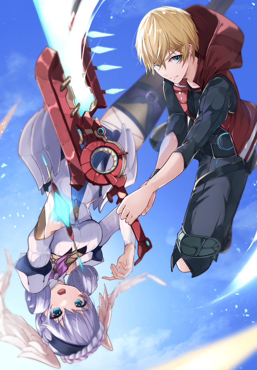 1boy 1girl absurdres braid crown_braid dress head_wings highres juliet_sleeves long_sleeves magic melia_antiqua monado o-ring puffy_sleeves risumi_(taka-fallcherryblossom) short_dress shulk_(xenoblade) staff thighhighs xenoblade_chronicles xenoblade_chronicles:_future_connected xenoblade_chronicles_(series)