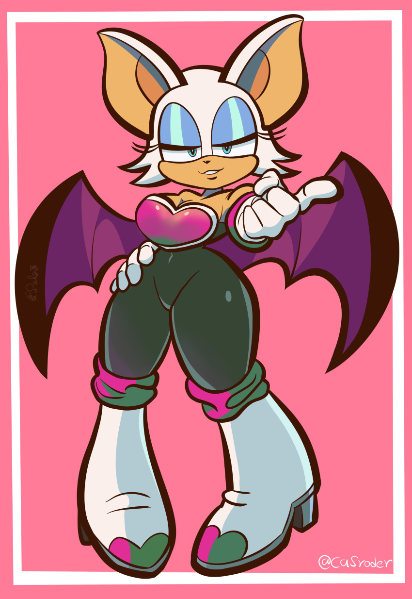 2022 absurd_res anthro blue_eyeshadow boots casroder chiropteran clothing eyeshadow female footwear gesture hi_res high_heeled_boots high_heels makeup mammal pointing rouge_the_bat sega solo sonic_the_hedgehog_(series) thick_thighs wings