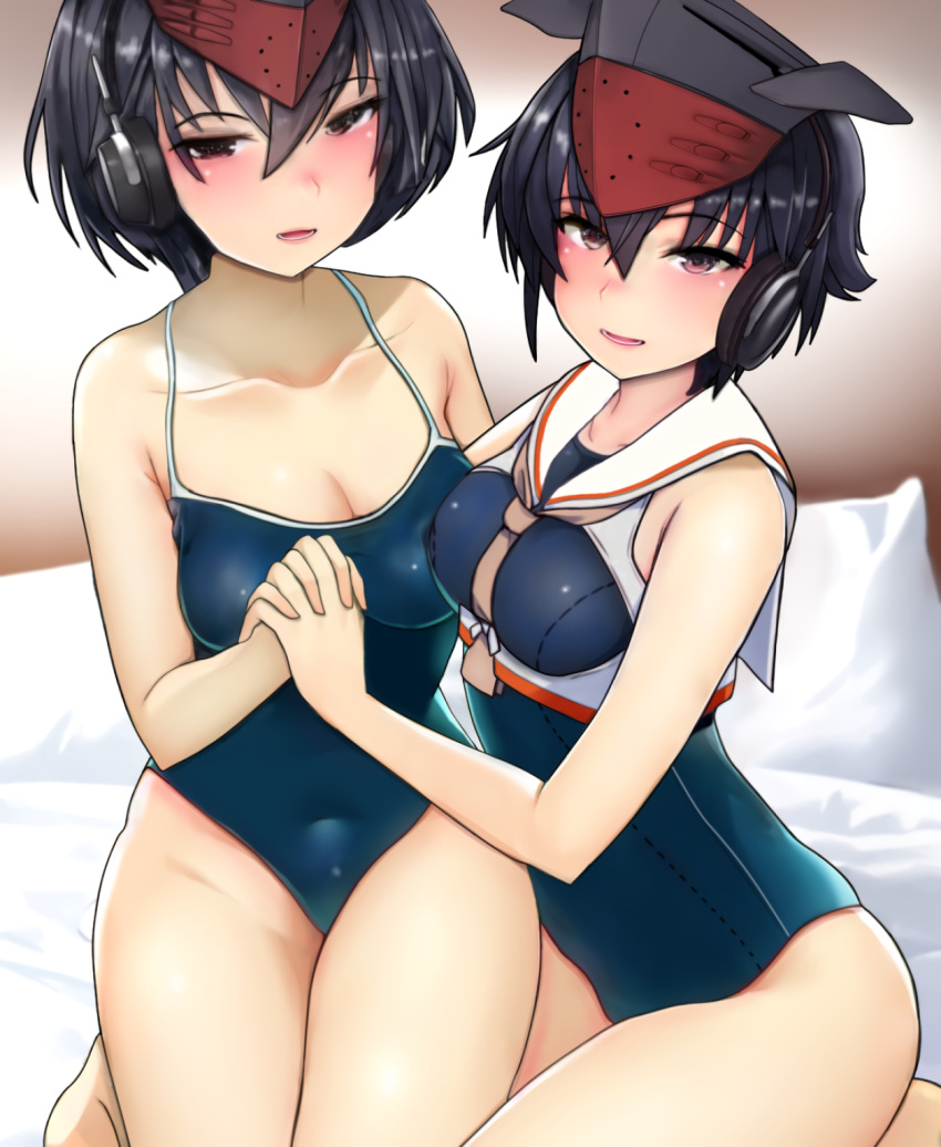 2girls alternate_costume asymmetrical_hair black_hair black_swimsuit breast_cutout breasts brown_eyes brown_neckerchief collarbone covered_navel framed_breasts hair_between_eyes headphones highres holding_hands i-13_(kancolle) i-14_(kancolle) kantai_collection multiple_girls neckerchief on_bed one-piece_swimsuit sailor_collar school_swimsuit short_hair sitting sitting_on_bed small_breasts swimsuit user_zdcw5853
