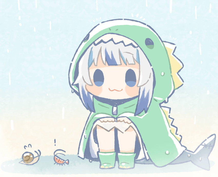 ! 1girl :3 animal bangs blue_eyes blue_hair blunt_bangs blush_stickers chibi commentary dinosaur_costume fish_tail gawr_gura hands_on_own_knees highres hololive hololive_english hood hood_up multicolored_hair rain raincoat same_anko shark_tail shrimp smile smol_gura snail solo squatting streaked_hair symbol-only_commentary tail two-tone_hair virtual_youtuber white_hair