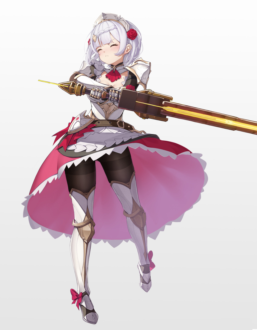 1girl apron armor bangs belt black_legwear blunt_bangs blush boots braid breasts cleavage closed_eyes dress flower frown full_body genshin_impact hair_flower hair_ornament highres holding holding_weapon huge_weapon leg_armor low_neckline maid_apron medium_breasts noelle_(genshin_impact) pantyhose red_flower red_rose rose short_hair shoulder_armor simple_background solo struggling terebi_(shimizu1996) thigh_boots thighband_pantyhose weapon white_apron white_background white_hair white_headwear
