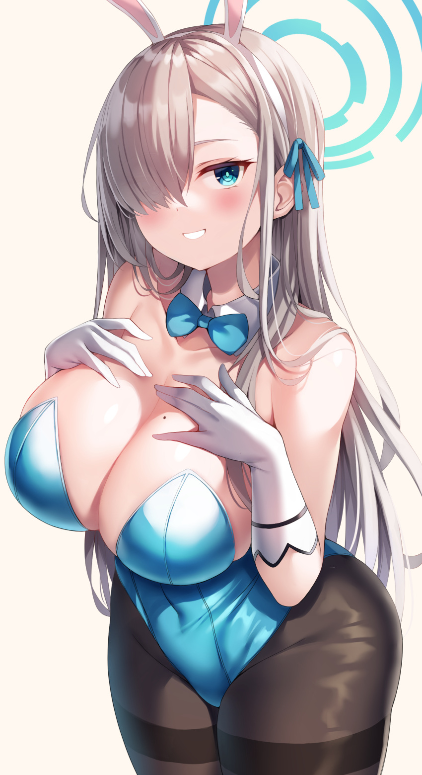 1girl absurdres animal_ears asuna_(blue_archive) asuna_(bunny_girl)_(blue_archive) bangs bare_shoulders blue_archive blue_eyes blue_leotard blush bow bowtie breasts cleavage detached_collar fake_animal_ears gloves grin hair_over_one_eye highres large_breasts leotard light_brown_hair long_hair looking_at_viewer mole mole_on_breast nano_(syoutamho) pantyhose playboy_bunny rabbit_ears revision smile solo thighs traditional_bowtie white_gloves