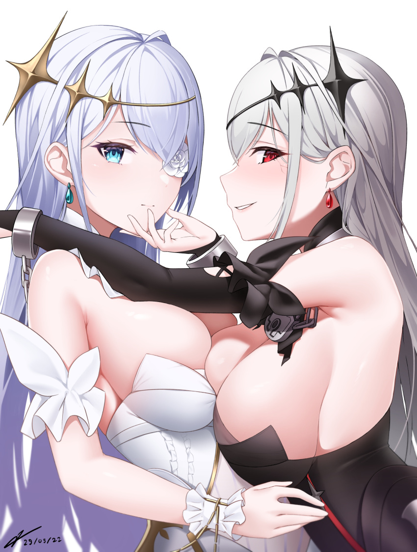 2girls asymmetrical_docking azur_lane bangs bare_shoulders black_dress blue_eyes breast_press breasts chain circlet cleavage closed_mouth cracked_skin cuffs dated detached_collar detached_sleeves dress dual_persona earrings emden_(azur_lane) eyebrows_visible_through_hair flower flower_eyepatch grey_hair hand_on_another's_chin highres jewelry large_breasts lock long_hair long_sleeves multiple_girls nevven padlock parted_lips profile red_eyes rose shackles short_sleeves sideways_mouth signature simple_background smile strapless strapless_dress upper_body white_background white_dress white_flower white_hair white_rose wrist_cuffs