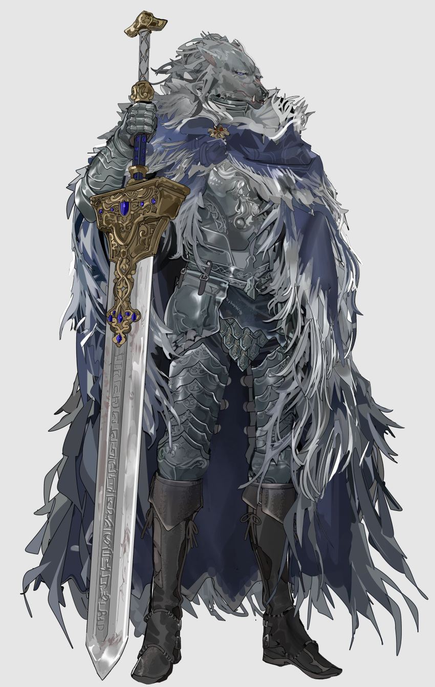 1boy absurdres armor blaidd_the_half-wolf blue_cape boots brown_footwear cape commentary elden_ring english_commentary full_body furry furry_male grey_background highres holding holding_sword holding_weapon looking_away male_focus nslacka simple_background solo standing sword weapon