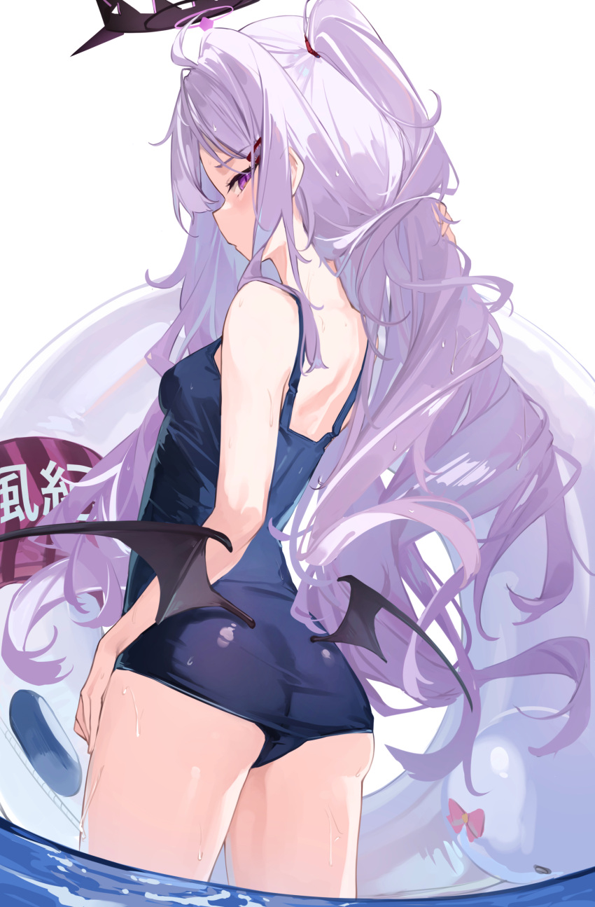 1girl 7gao absurdres ass bangs bare_back blue_archive blue_swimsuit demon_girl demon_horns demon_wings eyebrows_visible_through_hair eyes_visible_through_hair from_behind grey_hair hair_ornament hairclip halo highres hina_(blue_archive) hina_(swimsuit)_(blue_archive) horns lifebuoy long_hair looking_at_another looking_at_viewer looking_back ocean old_school_swimsuit one_side_up parted_bangs purple_eyes school_swimsuit sidelocks simple_background solo swimsuit wading white_background wings