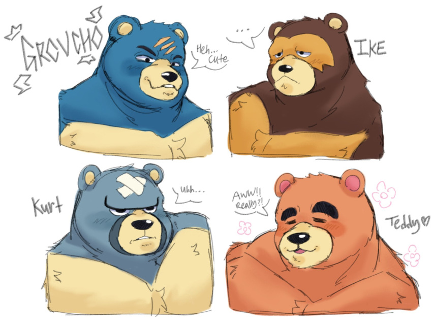 2022 animal_crossing anommyself anthro band-aid bandage blue_body blush brown_body brown_fur curt_(animal_crossing) eyes_closed fur grey_body groucho_(animal_crossing) hi_res ike_(animal_crossing) male mammal nintendo portrait scar teddy_(animal_crossing) text ursid video_games