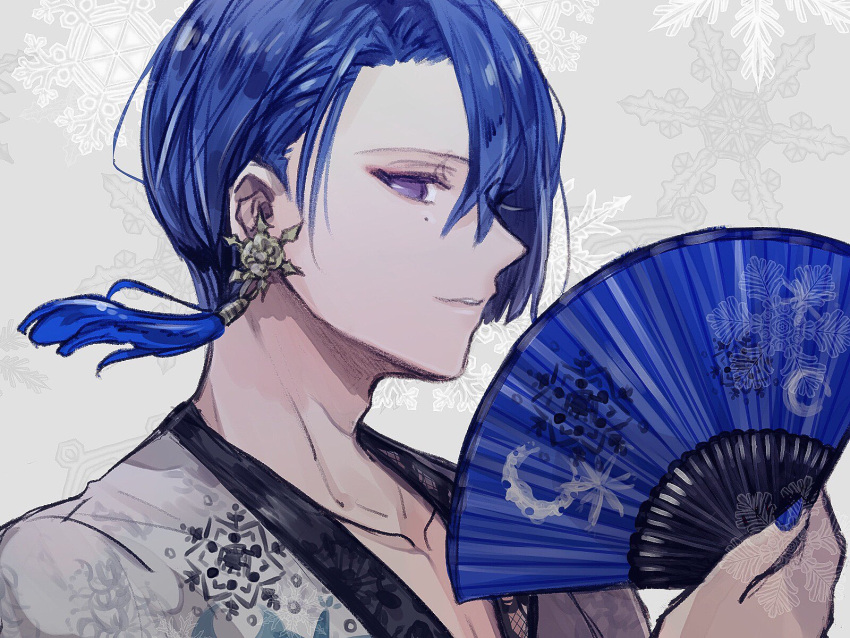 1boy adam's_apple blue_hair blue_nails collarbone earrings from_side grey_background hair_over_one_eye hand_fan highres hijirikawa_masato holding holding_fan jewelry light_smile looking_at_viewer male_focus mole mole_under_eye official_alternate_costume official_alternate_hairstyle parted_lips pelee portrait profile purple_eyes shirt short_hair single_earring snowflake_background snowflake_print solo straight_hair tassel tassel_earrings uta_no_prince-sama white_shirt