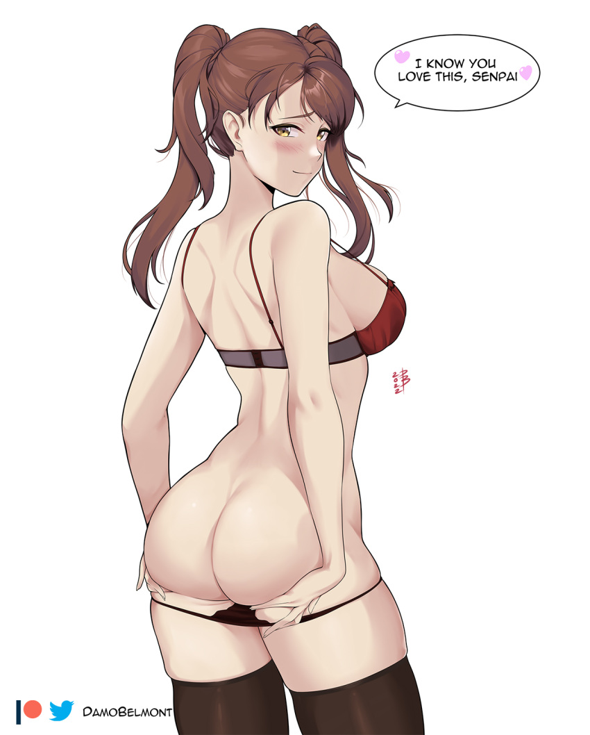 1girl 2022 artist_name ass ass_support bangs bare_arms bare_shoulders black_panties blush bra breasts brown_hair commission damodar english_commentary forehead from_behind heart highres kujikawa_rise lace-trimmed_bra lace_trim large_breasts lingerie looking_at_viewer panties panties_removed parted_bangs patreon_username persona persona_4 pointy_nose red_bra sideboob signature simple_background smile solo speech_bubble standing thighs twintails twitter_username underwear white_background yellow_eyes