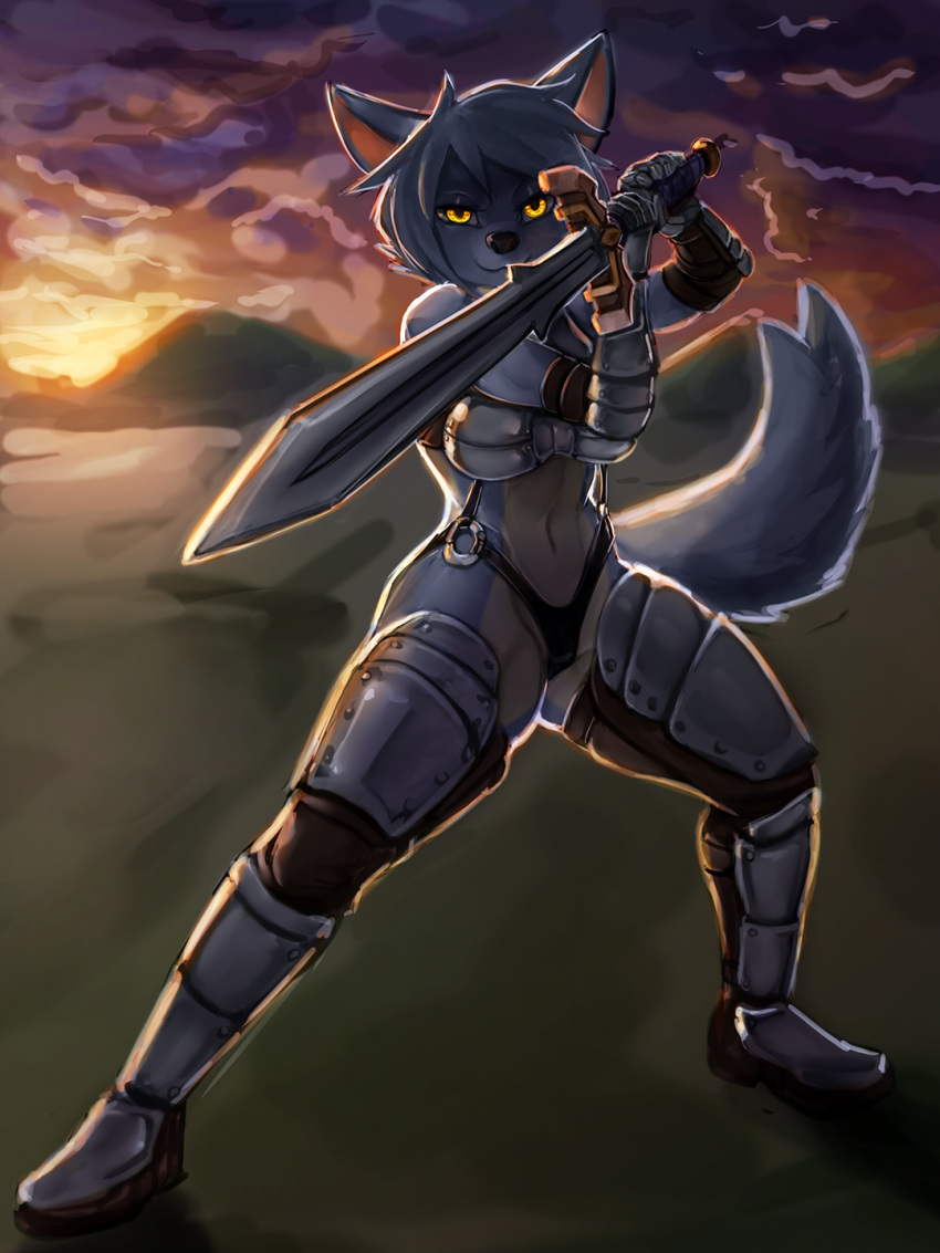 2019 anthro armor black_nose blue_body blue_fur blue_hair breasts canid canine canis digital_media_(artwork) female fur general-irrelevant hair hi_res holding_object holding_sword holding_weapon looking_at_viewer maku_(maku450) mammal melee_weapon navel outside short_hair smile solo standing sunset sword unconvincing_armor weapon wolf yellow_eyes