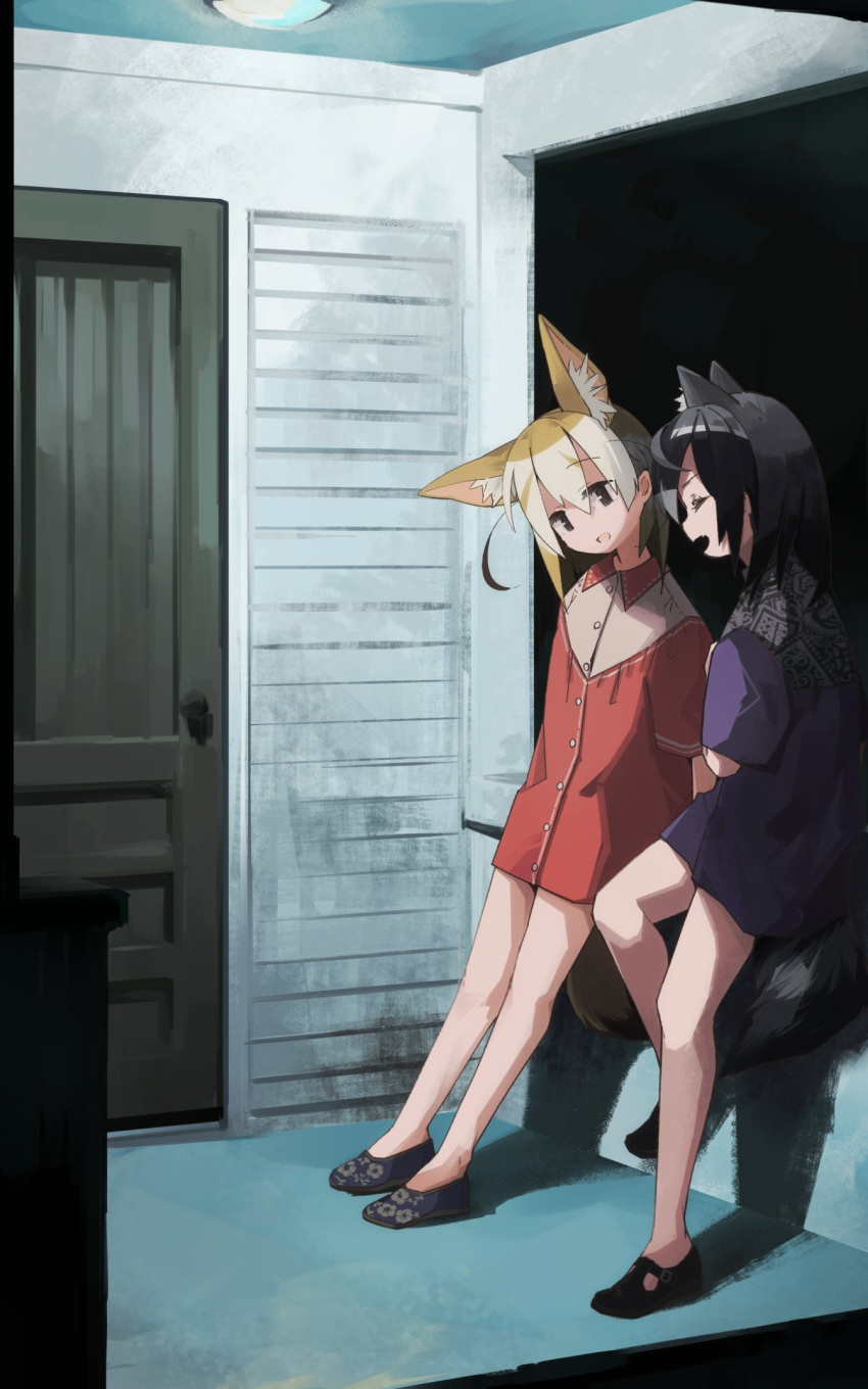 2girls :d alternate_costume animal_ear_fluff animal_ears bangs black_eyes black_hair blonde_hair closed_eyes commentary common_raccoon_(kemono_friends) door english_commentary extra_ears fennec_(kemono_friends) fox_ears fox_girl fox_tail grey_hair hair_between_eyes highres kemono_friends multicolored_hair multiple_girls nanana_(nanana_iz) open_mouth raccoon_ears raccoon_girl raccoon_tail shoes short_hair short_sleeves smile tail two-tone_hair white_hair