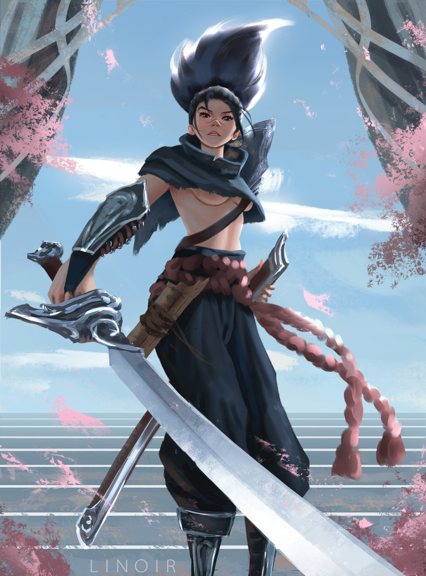 1girl armor artist_name bangs black_hair blue_pants breasts genderswap genderswap_(mtf) highres holding holding_sword holding_weapon katana league_of_legends linoir long_hair looking_at_viewer medium_breasts outdoors pants parted_lips rope scar scar_on_face scar_on_nose sheath solo stairs sword teeth weapon yasuo_(league_of_legends)