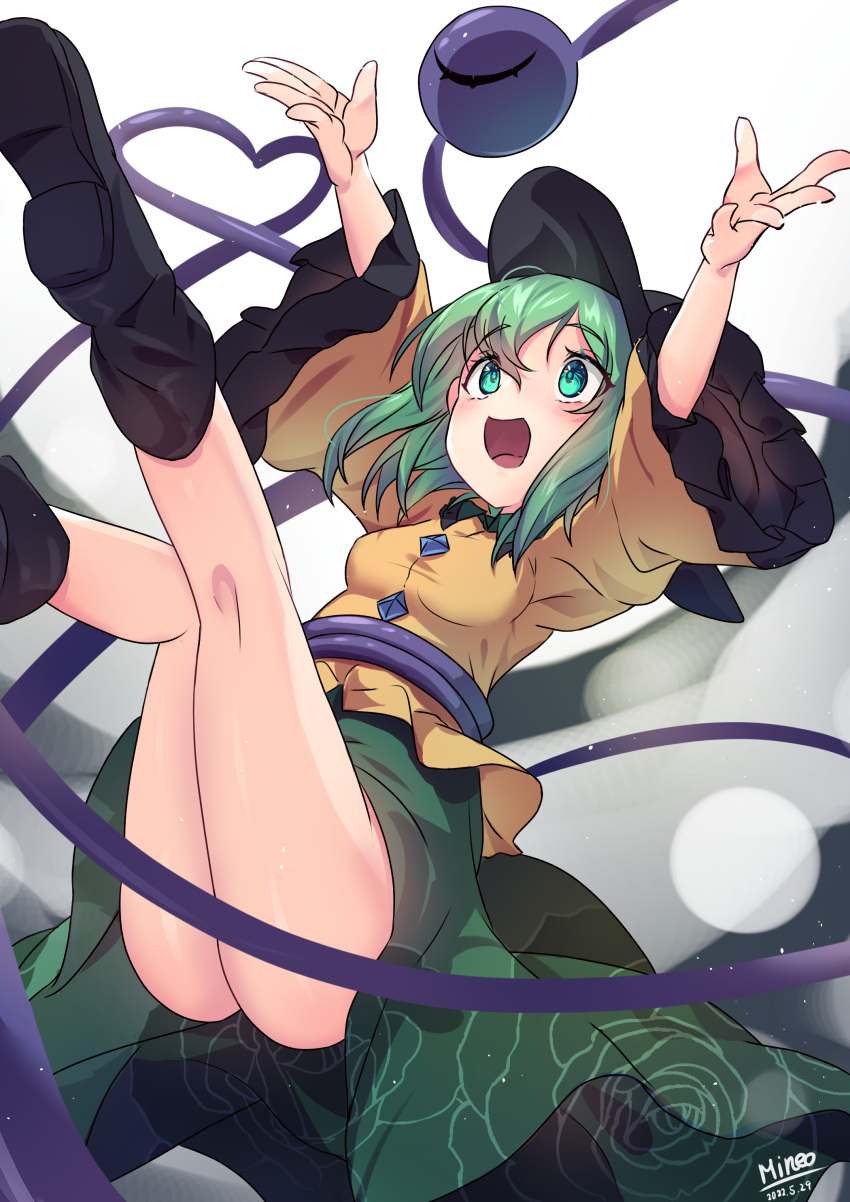 1girl :d absurdres ass black_headwear blush bow breasts frilled_sleeves frills gradient gradient_background green_eyes green_hair green_skirt grey_background hat hat_bow heart heart413 highres komeiji_koishi long_sleeves looking_up medium_breasts no_panties open_mouth shirt simple_background skirt smile solo thighs third_eye touhou wide_sleeves yellow_shirt