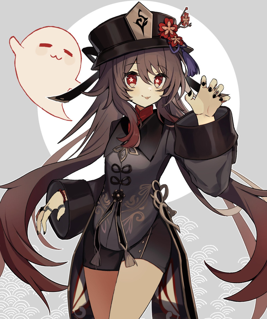 1225ka 1girl :3 bangs black_nails brown_coat brown_hair brown_headwear brown_shorts claw_pose closed_mouth coat coattails flower genshin_impact ghost hat hat_flower hat_tassel highres hu_tao_(genshin_impact) long_hair long_sleeves looking_at_viewer plum_blossoms porkpie_hat red_eyes red_flower shorts sidelocks smile solo talisman tassel tongue tongue_out twintails very_long_hair