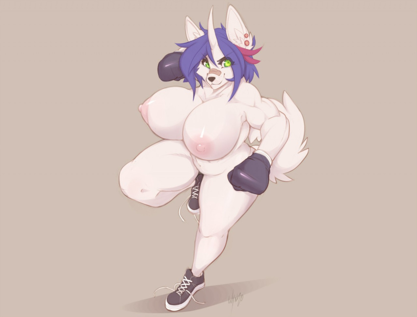 action_pose anthro areola band-aid band-aid_on_nose bandage biceps big_areola big_breasts big_nipples biped black_nose blue_hair boxing_gloves boxing_gloves_only breasts canid canine clothing conditional_dnp curled_tail digital_media_(artwork) ear_piercing female fluffy fluffy_tail footwear footwear_only full-length_portrait fur green_eyes grey_background hair handwear handwear_only horn huge_breasts hybrid inner_ear_fluff lips looking_at_viewer mammal mostly_nude multicolored_hair muscular muscular_anthro muscular_female navel nipples on_one_leg piercing pink_areola pink_hair pink_nipples pinup portrait pose shoelaces shoelaces_untied shoes shoes_only short_hair signature simple_background smile sneakers snout solo standing thick_thighs tomboy tuft two_tone_hair white_body white_fur white_horn white_tail wide_hips wynter wyntersun