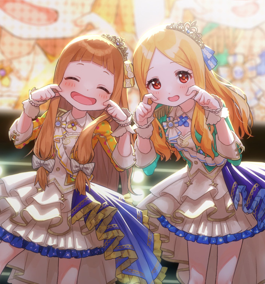 2girls :d ^_^ ^o^ bangs blonde_hair blunt_bangs blush bow cheek_pinching closed_eyes detached_collar display_board euphoniummatsu feet_out_of_frame hair_bow highres ichihara_nina idol idolmaster idolmaster_cinderella_girls long_hair looking_at_viewer mochizuki_hijiri multiple_girls orange_hair parted_bangs petticoat pinching shiny shiny_hair smile stage tiara wrist_cuffs zoom_layer