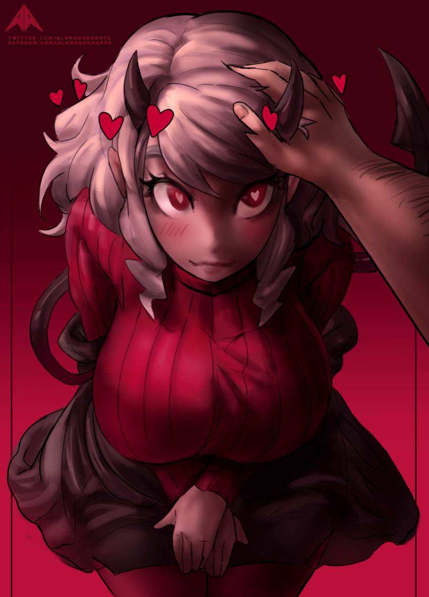 &lt;3 &lt;3_eyes 2021 5_fingers absurd_res alamander artist_name big_breasts blush breasts clothed clothing demon demon_humanoid duo eyelashes faceless_character faceless_male female fingers first_person_view fully_clothed hair head_pat helltaker hi_res horn humanoid jacket male modeus_(helltaker) not_furry pink_hair red_eyes short_hair smile spade_tail sweater text topwear url