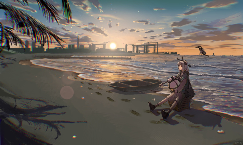 1girl ankle_boots arknights artist_name bag beach black_footwear black_vest blue_sky boots brown_bag brown_dress brown_legwear cloud cloudy_sky crane_(machine) crate dock dress footprints full_body grey_hair headgear highres holding leaf_(arknights) liuxingyun_lxyun long_hair long_sleeves ocean outdoors palm_leaf palm_tree pier pouch red_eyes rowboat sand scenery shoulder_bag sitting sky socks solo sunset tail tree very_long_hair vest waves weedy_(arknights) wooden_box