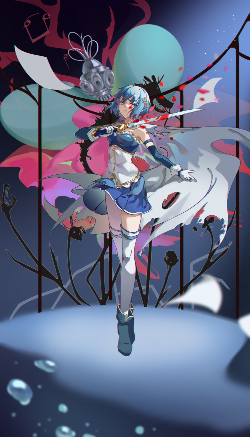 1girl absurdres bangs bare_shoulders blue_background blue_eyes blue_footwear blue_hair blue_skirt blurry boots cape chinese_commentary commentary_request corset depth_of_field detached_sleeves full_body gloves hair_ornament highres holding holding_sword holding_weapon looking_at_viewer magical_girl mahou_shoujo_madoka_magica miki_sayaka oktavia_von_seckendorff outstretched_arm petals short_hair skirt solo standing sword thighhighs torn_cape torn_clothes tuyutuan water_drop weapon white_cape white_gloves white_legwear
