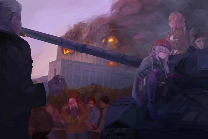 absurdres ak74m_(girls'_frontline) as_val_(girls'_frontline) assault_rifle bangs beret blonde_hair blue_eyes breasts building child cigar closed_mouth day fingerless_gloves fire full_body girls'_frontline glasses gloves ground_vehicle gun hair_ornament hat highres historical_event holding_person knee_pads long_hair long_sleeves military military_vehicle motor_vehicle outdoors pantyhose red-framed_eyewear red_headwear red_scarf rifle russia scarf semi-rimless_eyewear single_knee_pad smoke stuffed_animal stuffed_toy tank teddy_bear under-rim_eyewear user_krjm4832 weapon
