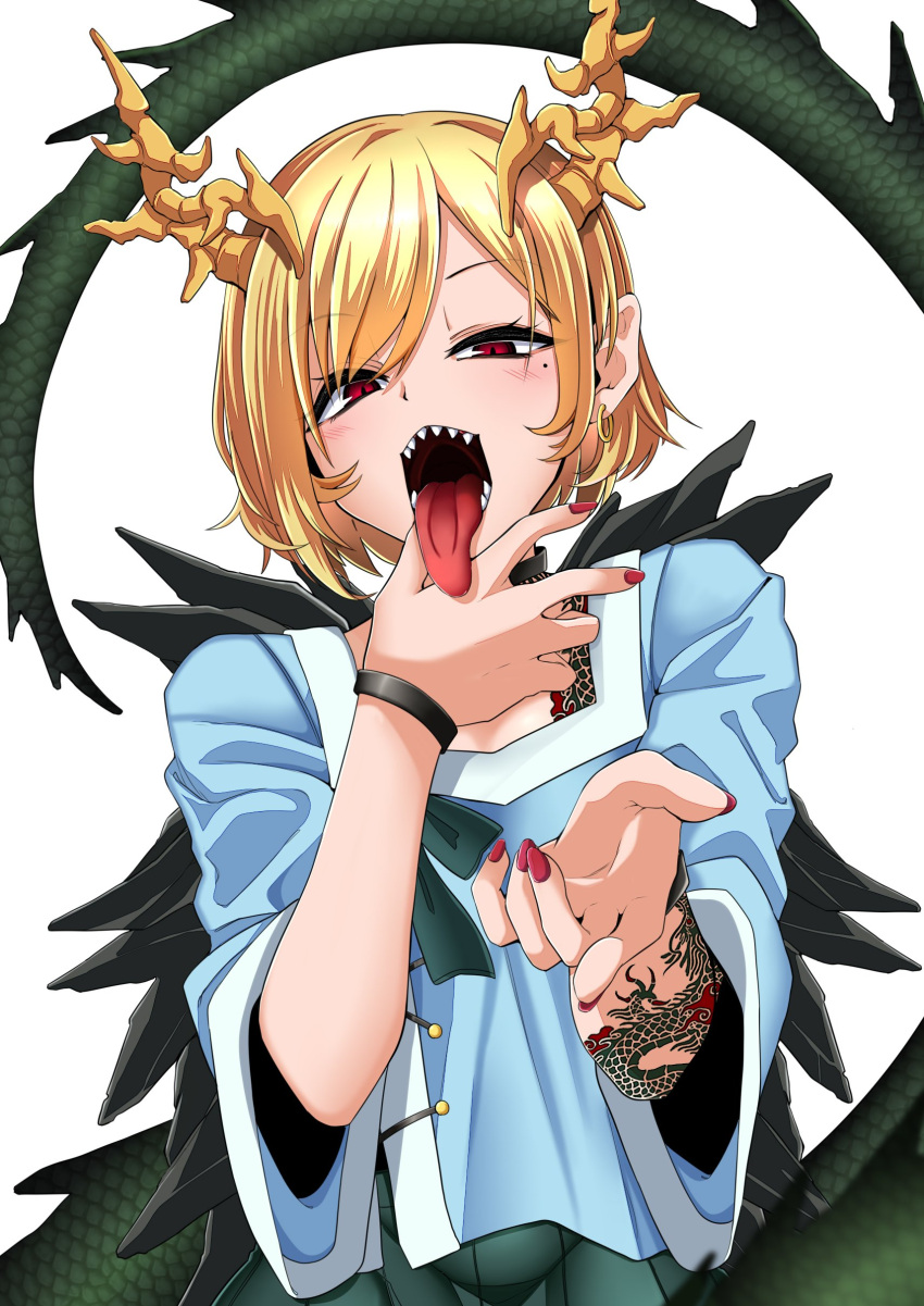 1girl absurdres bangs blonde_hair blue_shirt bracelet dragon_horns dragon_tail highres horns jewelry kicchou_yachie long_sleeves looking_at_viewer mole mole_under_eye open_mouth oral_invitation red_eyes red_nails rihito_(usazukin) sharp_teeth shirt short_hair simple_background solo tail tattoo teeth tongue tongue_out touhou turtle_shell upper_body white_background