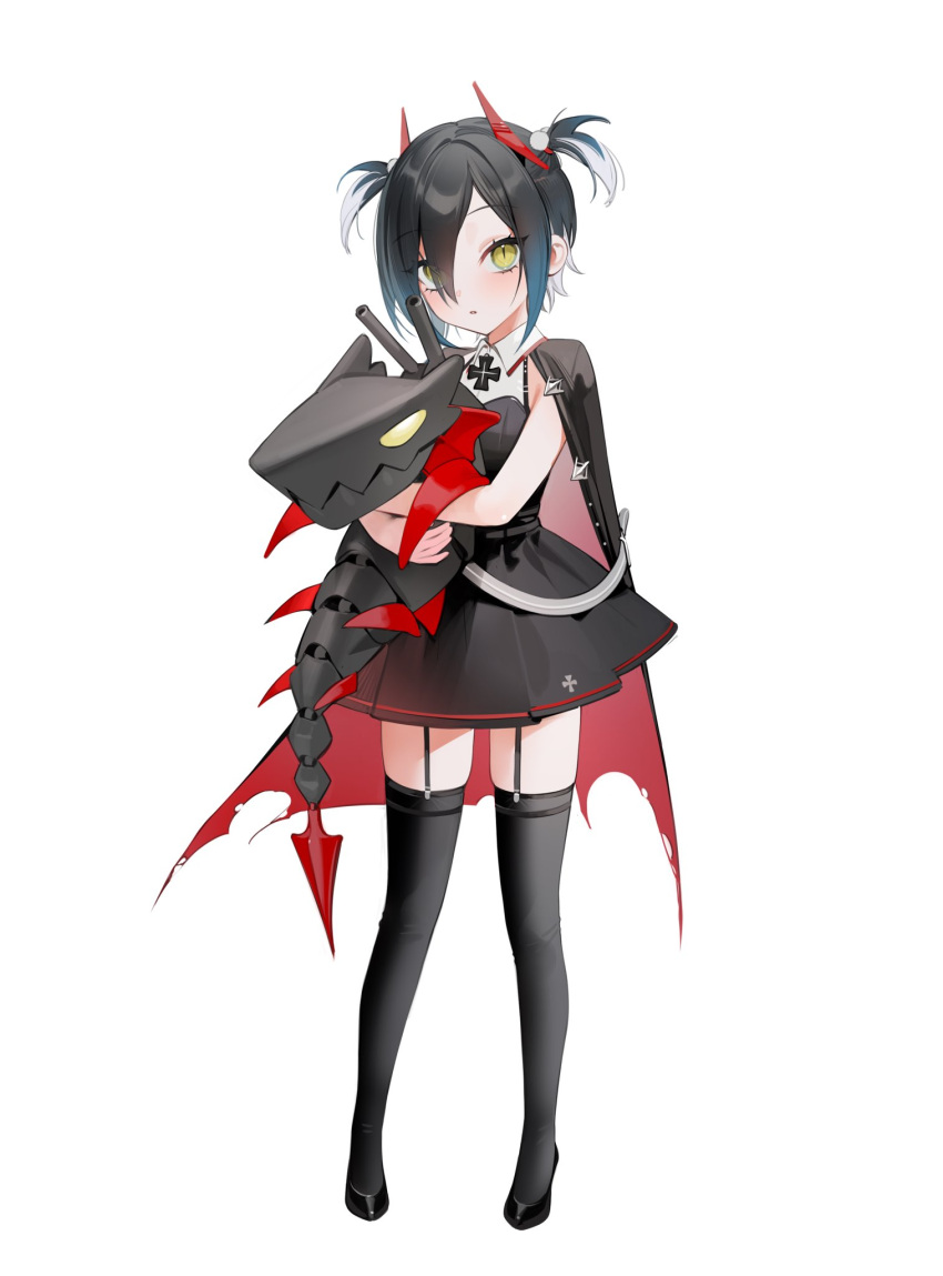 1girl armpit_crease azur_lane black_cape black_dress black_footwear black_hair black_legwear cape child collared_dress commentary_request cross dress eyebrows_visible_through_hair garter_straps hair_ornament hair_over_one_eye highres iron_cross nuae5elll object_hug red_cape short_dress short_twintails simple_background skindentation slit_pupils solo thighhighs torn_cape torn_clothes twintails ulrich_von_hutten_(azur_lane) white_background yellow_eyes younger