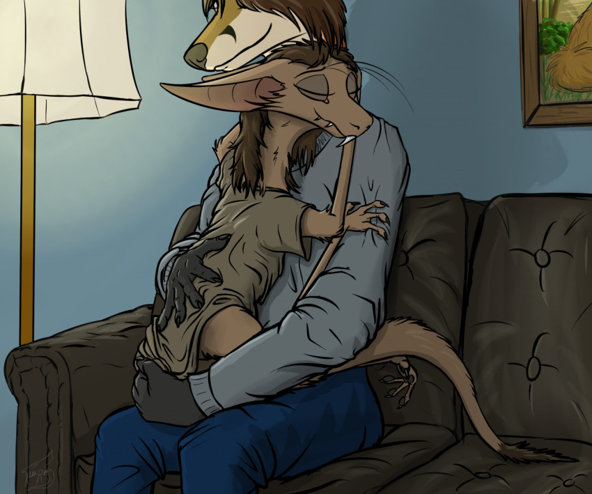 2018 anthro bottomwear brown_body brown_fur brown_hair canid canine clothing duo embrace eyes_closed female fox fur furniture hair hug inside lamp male male/female mammal on_sofa out-of-placers pants shirt sitting sitting_on_sofa smile sofa tersethra topwear webcomic yinglet