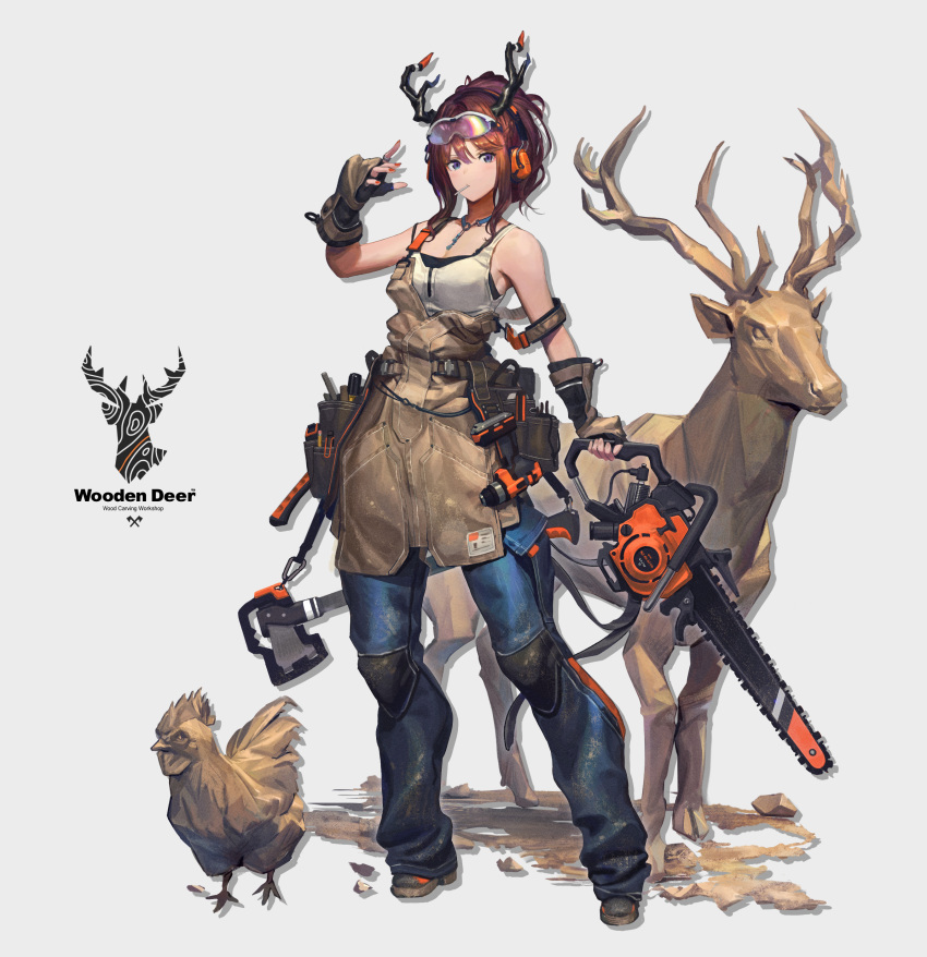 1girl absurdres antlers apron bare_shoulders bird brown_hair chainsaw chicken deer denim ear_protection fingerless_gloves fingernails full_body gesoking gloves goggles goggles_on_head highres holding holding_chainsaw jeans jewelry knee_pads mouth_hold necklace orange_nails original pants purple_eyes solo statue wood