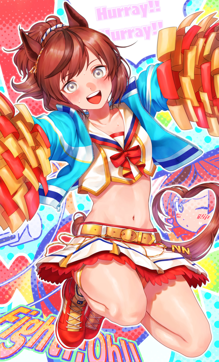 1girl absurdres animal_ears bangs belt blue_jacket blush breasts brown_hair crop_top english_text full_body grey_eyes heart heart_tail highres holding holding_pom_poms horse_ears horse_girl horse_tail jacket jumping layered_skirt looking_at_viewer medium_hair midriff multicolored_hair navel nice_nature_(run&amp;win)_(umamusume) nice_nature_(umamusume) open_clothes open_jacket open_mouth orange_shorts outstretched_arms pom_pom_(cheerleading) ponytail red_footwear sailor_collar shirt shoes shorts skirt small_breasts sneakers solo streaked_hair sweat tail tamayume teeth umamusume upper_teeth white_shirt white_skirt