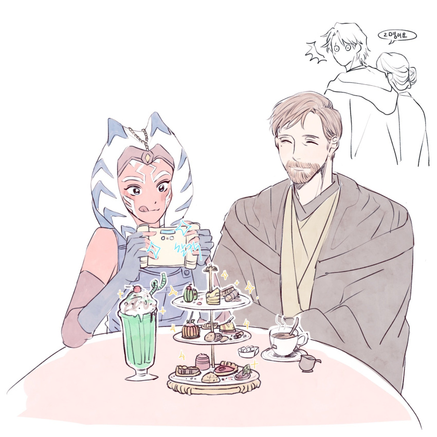 ahsoka_tano anakin_skywalker beard cherry closed_eyes dress facial_hair food fruit happy highres milkshake mole mole_under_eye obi-wan_kenobi scar scar_across_eye simple_background smile star_wars sugar_cube taking_picture tongue tongue_out white_background