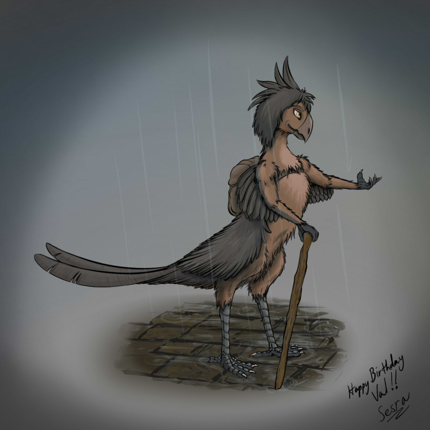 2018 4_fingers anthro avian beak brown_body digital_media_(artwork) feathered_wings feathers fingers hi_res holding_object holding_stick male raining smile solo standing stick talons tersethra wings
