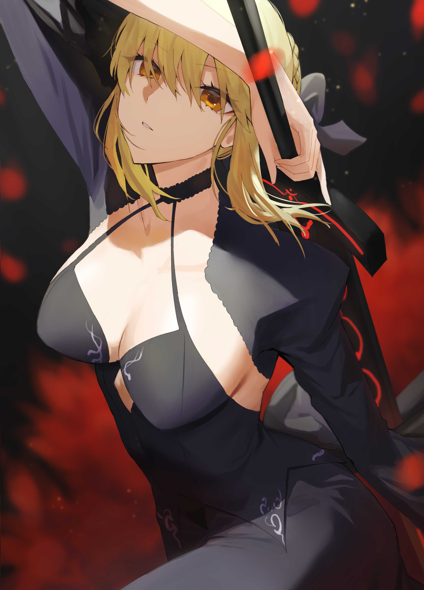 1girl absurdres arm_up artoria_pendragon_(fate) black_choker black_dress blonde_hair blood blood_splatter braid breasts choker cleavage detached_sleeves dress excalibur_morgan_(fate) fate/stay_night fate_(series) hair_ribbon highres holding holding_weapon large_breasts long_dress looking_at_viewer orange_eyes parted_lips puffy_sleeves ribbon rororo saber_alter serious sidelocks solo sword weapon