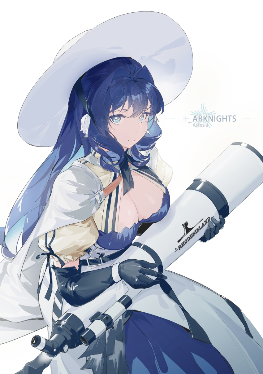1girl absurdres arknights astesia_(arknights) astesia_(starseeker)_(arknights) bangs black_gloves blue_dress blue_eyes blue_hair bonnet breasts cape character_name chinese_commentary cleavage closed_mouth commentary_request copyright_name dress gloves hair_intakes highres holding large_breasts liliyfox long_hair looking_at_viewer official_alternate_costume pointy_ears puffy_short_sleeves puffy_sleeves short_sleeves simple_background sitting smile solo telescope very_long_hair white_background white_cape white_headwear