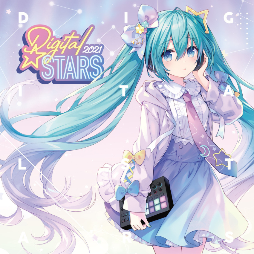 1girl aqua_eyes aqua_hair bow crescent crescent_hair_ornament digital_stars eyebrows_visible_through_hair frilled_jacket frills hair_between_eyes hair_in_eyes hair_ornament hatsune_miku headphones highres holographic_clothing jacket long_hair neon_lights non-web_source overall_skirt pastel_colors pink_jacket skirt star_(symbol) star_hair_ornament tsunako twintails very_long_hair vocaloid