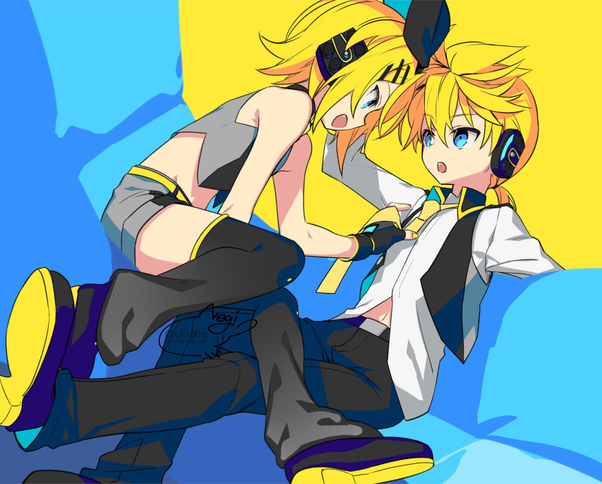 artist_name bare_arms bare_shoulders black_gloves black_jacket black_pants black_star_(module) blonde_hair blue_eyes blue_moon_(module) eye_contact face-to-face fingerless_gloves gloves grey_shorts hair_ornament hairclip hand_on_another's_head headphones highres jacket kagamine_len kagamine_rin kodoku_no_hate_(vocaloid) leg_warmers looking_at_another midriff midriff_peek navel necktie necktie_grab neckwear_grab negi_(ulog'be) on_person open_mouth pants project_diva_(series) shirt short_hair short_ponytail shorts signature sitting sleeveless sleeveless_blazer sleeveless_shirt vocaloid white_shirt yellow_nails yellow_necktie